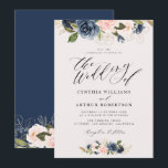 Invitation écriture de lettres de la marine florale et de l'm<br><div class="desc">Un design élégant avec des lettres en noir,  du bleu marine et des fleurs d'aquarelle rougissantes.
Vous pouvez modifier le libellé,  la taille du texte,  les couleurs et la police de cette invitation de mariage.</div>