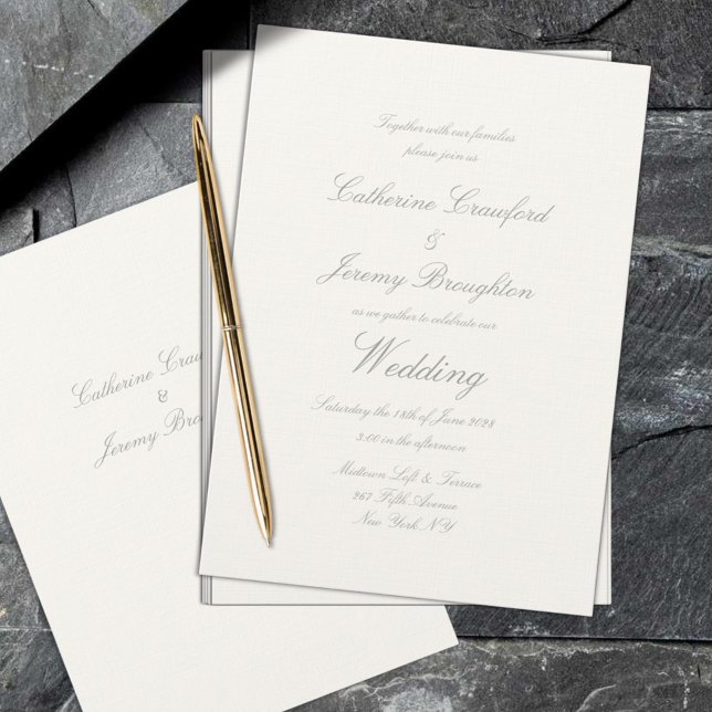 Invitation Écriture de mariage classique sur lin blanc crémeu (Classic Creamy White Linen Wedding Script Invitation. Classic elegance and timeless.)
