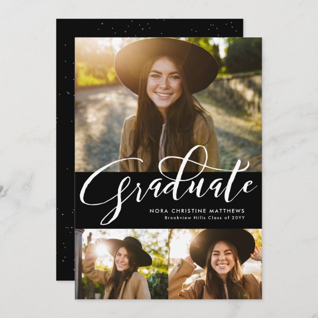 Invitation Écriture de troisième cycle photo graduation noire (Devant / Derrière)