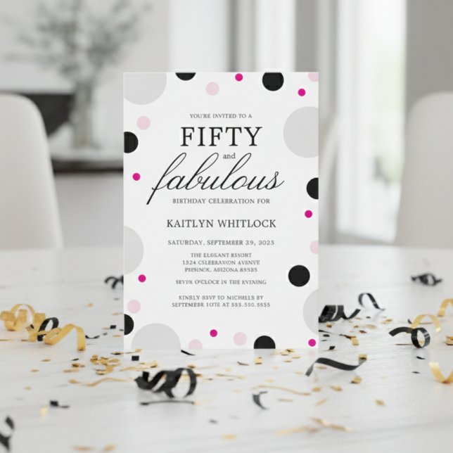 Invitation Écriture de typographie gras moderne Script Fête d (modern pink script fifty and fabulous 50th birthday party invitation polka dots black grey hot pink)