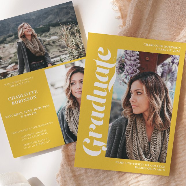 Invitation Écriture diplômée jaune 3 diplôme photo (Yellow graduate script 3 photo graduation invitation)