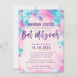 Invitation Écriture d'or rose violet bat mitzvah