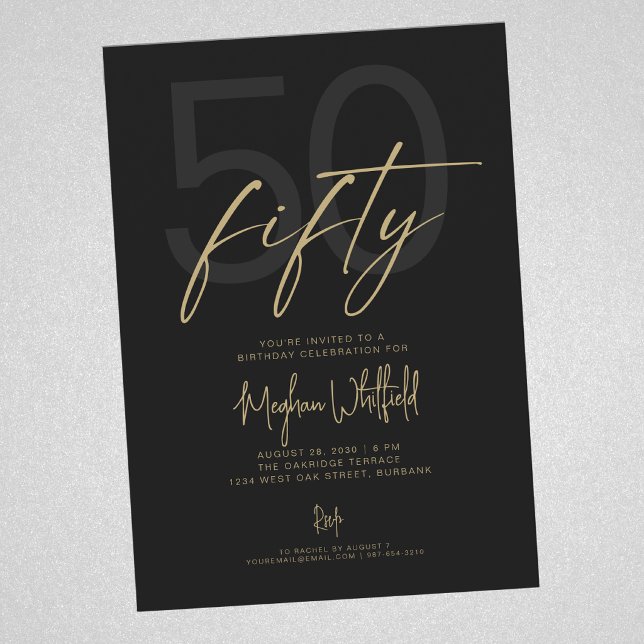 Invitation Écriture dorée Cinquante Moderne Noir Fête d'anniv (Créateur téléchargé)