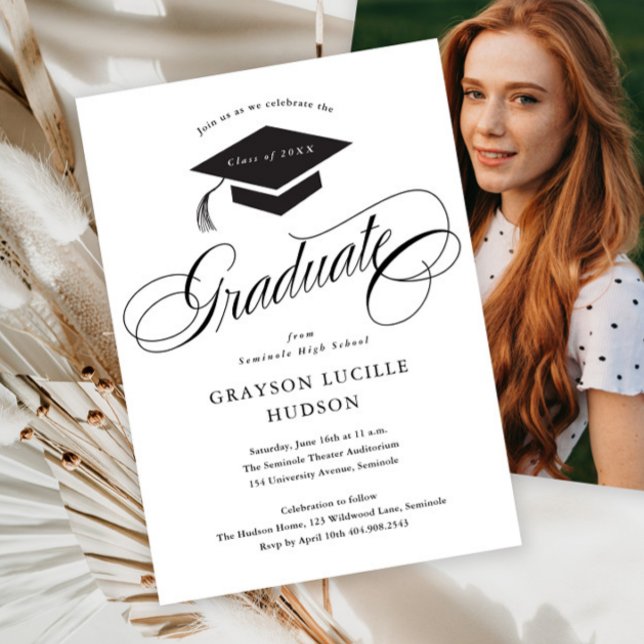 Invitation Écriture Élégante Calligraphie Photo Remise des Di (Simple black and white elegant script photo graduation invitation announcement.)