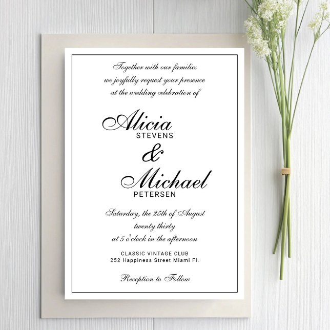 Invitation Écriture élégante classique mariage noir et blanc (Créateur téléchargé)