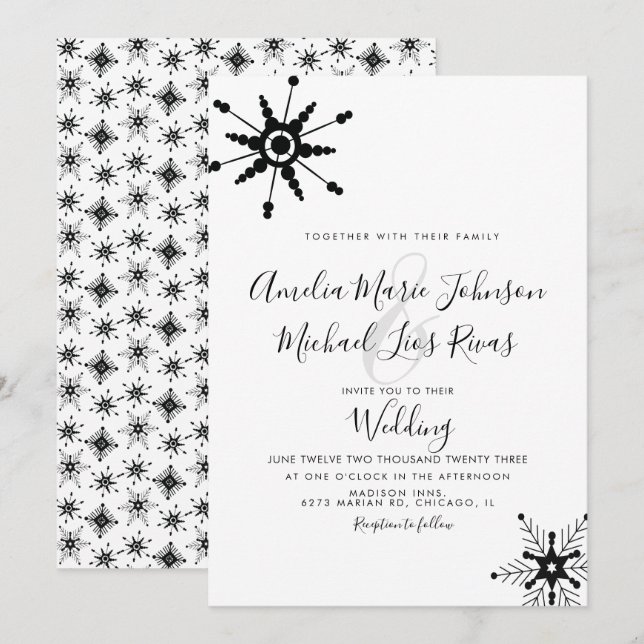 Invitation Écriture Élégante Flocons de Neige Mariage de Noël (Devant / Derrière)
