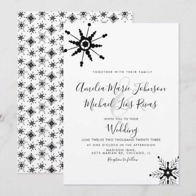 Invitation Écriture Élégante Flocons de Neige Noirs Mariage d (Devant / Derrière)