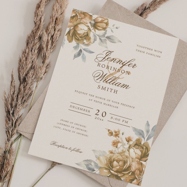 Invitation Écriture élégante mariage floral or  (Elegant Script Wedding Gold Floral Invitation)