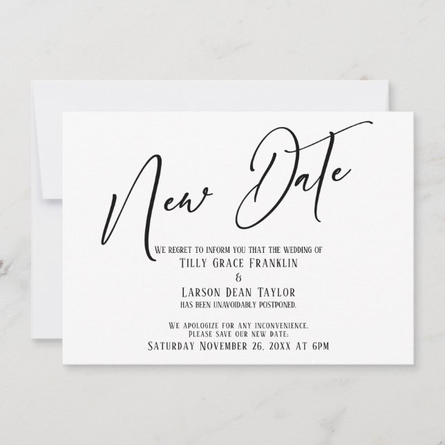 Invitation Écriture Élégante Nouvelle Date Annonce Simple (Devant)