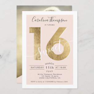 Invitation Écriture en feuille d'or chic vidage Sweet 16 phot