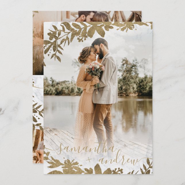 Invitation Écriture en marbre floral or chic 5 photos mariage (Devant / Derrière)