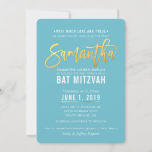 Invitation Écriture en or blanc turquoise BAT MITZVAH SAMANTH