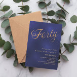Invitation Écriture en or bleu marine 40e anniversaire<br><div class="desc">Une invitation design et moderne pour une fête de 40e anniversaire. Un arrière - plan bleu marine,  de couleur inégale et le mot Quarty écrit avec d'élégantes grandes lettres de script en faux or. Personnalisez et ajoutez un nom et des détails du parti.</div>