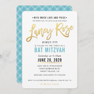 Invitation Écriture en or bleu turquoise BAT MITZVAH LANEY RO