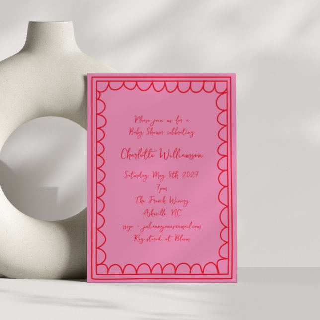 Invitation Écriture fantaisiste rose rouge bordure gribouillé (Créateur téléchargé)