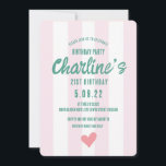 Invitation Écriture manuscrite à rayures roses rétro 21E Anni<br><div class="desc">Écriture manuscrite à rayures roses rétro 21E Anniversaire</div>