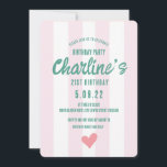 Invitation Écriture manuscrite à rayures roses rétro 21E Anni<br><div class="desc">Écriture manuscrite à rayures roses rétro 21E Anniversaire</div>