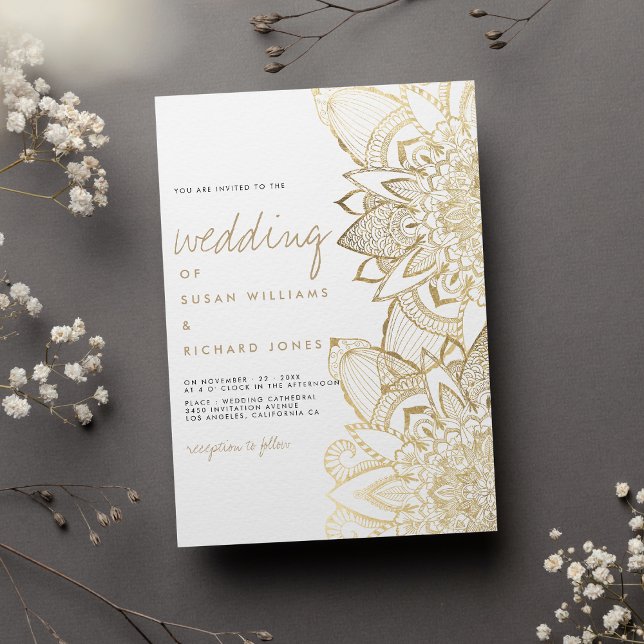Invitation Écriture manuscrite lettrage or mandala mariage (Handwritten script lettering gold mandala wedding)