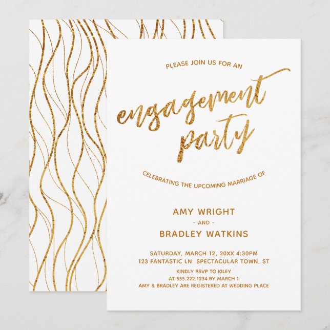 Invitation Écriture manuscrite moderne Gold Waves sur Fiançai (Devant / Derrière)