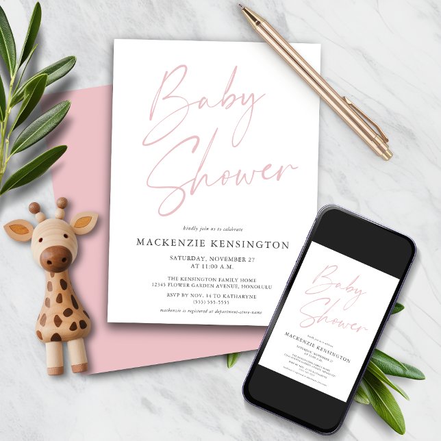 Invitation Écriture manuscrite rose rousse Bébé fille Douche (Blush Pink Handwritten Script Baby Girl Shower Invitation with Instant download option)