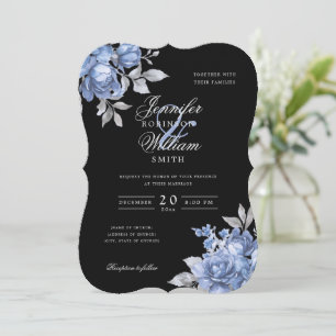 Invitation Écriture Mariage Poussiéreux Bleu Rustique Floral