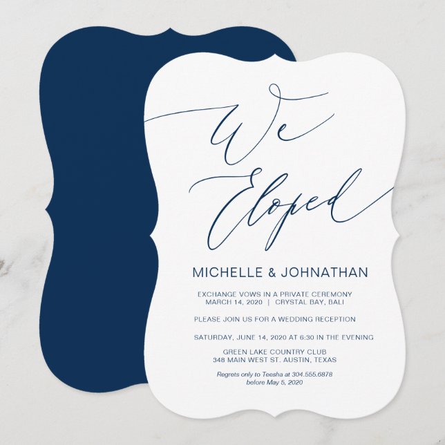 Invitation Écriture moderne, bleu marine, fuite de noces (Devant / Derrière)