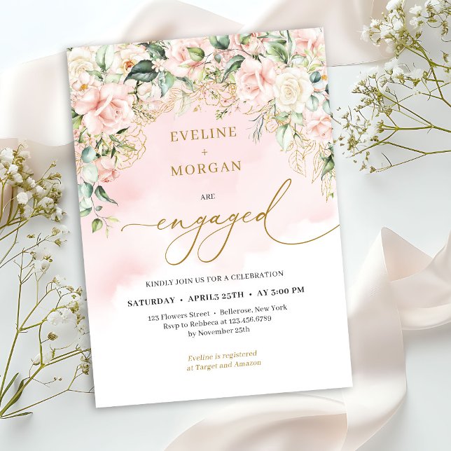 Invitation Écriture moderne boho blush rose sage et or (Elegant watercolor pale pink roses sage green and gold engagement invitation digital)