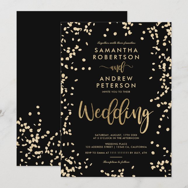 Invitation Écriture moderne feuille d'or confetti noir mariag (Devant / Derrière)