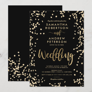Invitation Écriture moderne feuille d'or confetti noir mariag