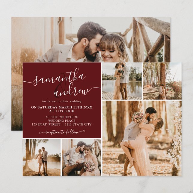 Invitation Écriture moderne rouge bordeaux 6 photos mariage (Devant / Derrière)