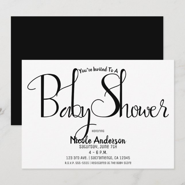 Invitation Écriture noire, fête de baby shower moderne et min (Devant / Derrière)