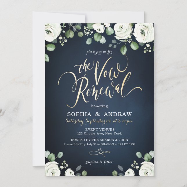 Invitation Ecriture or marine blanc floral le renouvellement  (Devant)