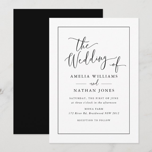 Invitation Écriture rustique noir et blanc Mariage   (Devant / Derrière)