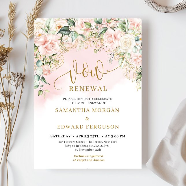 Invitation Écriture tendance rose douce roses et renouvelleme (Ethereal bohemian pink roses sage eucalyptus and gold vow renewal invitation )