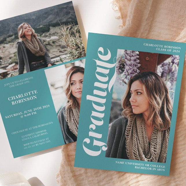 Invitation Écriture turquoise 3 diplôme photo (Teal graduate script 3 photo graduation invitation)
