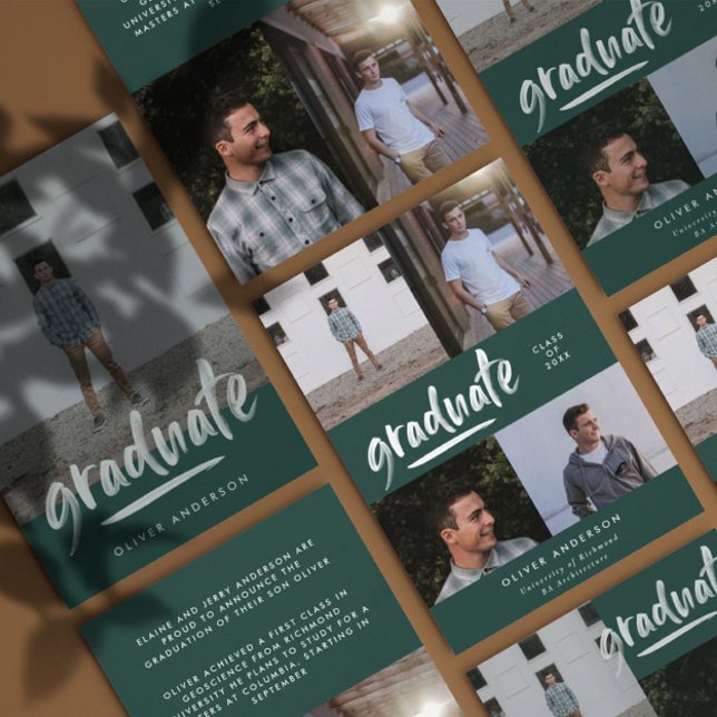Invitation Écriture verte moderne 4 photo graduation design (Créateur téléchargé)