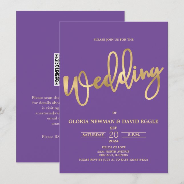 Invitation Écriture violet et or Mariage de code QR (Devant / Derrière)