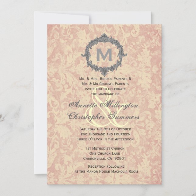 Invitation Ecru Damask Vintage Cadre Monogramme Mariage V1 (Devant)
