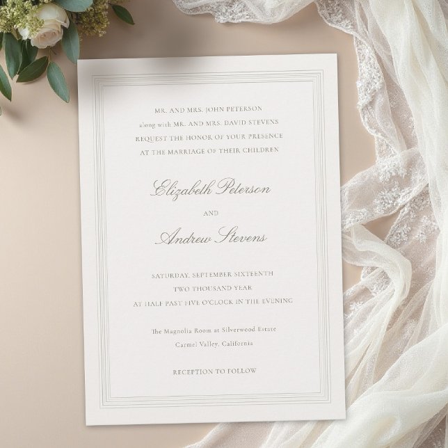 Invitation Ecru Formel Romance Classique Triple Cadre 2 Maria (formal wedding invitation modern classic triple frame faux embossed black tie ballroom ecru subtle)
