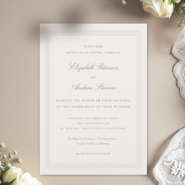 Invitation Écru Formel Romantique Moderne Classique Triple Ma (formal wedding invitation modern classic triple frame faux embossed black tie ecru couple host)