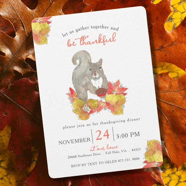 Invitation Écureuil d'automne Dîner d'action de grâces (Squirrel Watercolor Thanksgiving Dinner Party Invitation)
