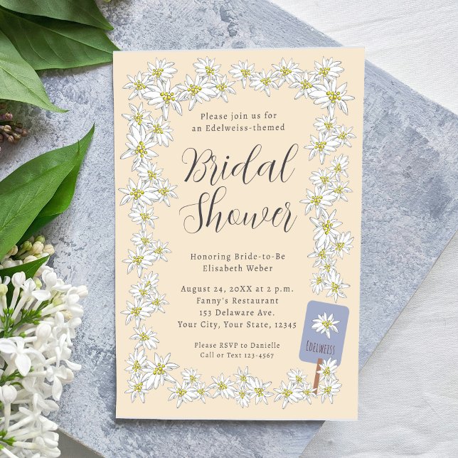 Invitation Edelweiss Alpes Fleur sauvage Fête des mariées Cha (This Edelweiss themed bridal shower invitation features my hand-drawn border of Alpine wildflowers.)