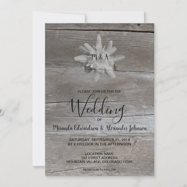 Invitation Edelweiss sur mariage campagnard rustique en bois  (Devant)
