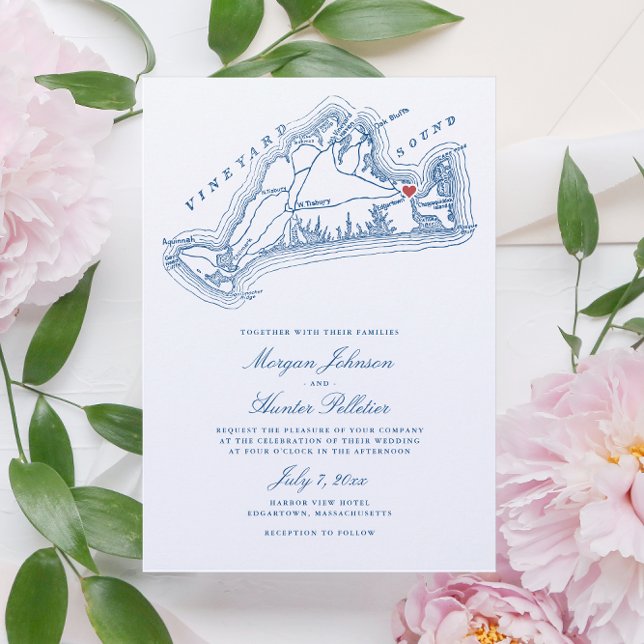 Invitation Edgartown MA Map Elegant Mariage bleu marine (Elegant Navy Blue Martha's Vineyard Wedding Invitation with Edgartown, MA Map - Coastal Map Designs)