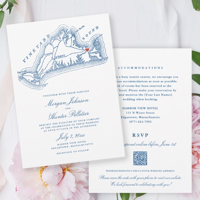 Invitation Edgartown MA Tout-en-un Mariage Code QR Bleu Marin (Edgartown MA Martha's Vineyard Map All in One Wedding invitation in elegant Navy Blue )