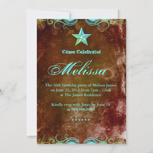Invitation Edgy Western Sweet 16 Blue Brown Star (Devant)