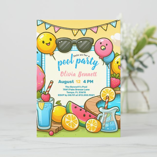 Invitation Editab PoolFête Anniversaire pour les enfants Amus (Debout devant)