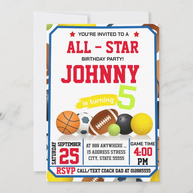 Invitation Editable All Star Sports Anniversaire Fête Invitat (Devant)
