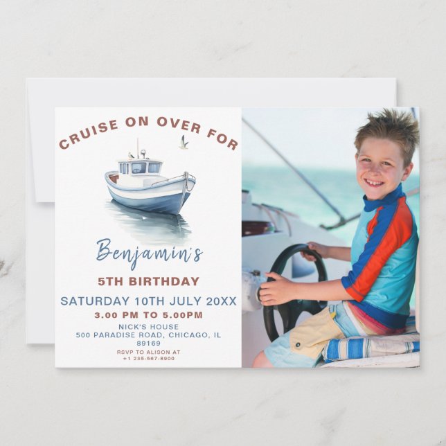 Invitation Editable Blue Boat Thème Anniversaire Photo Invita (Devant)
