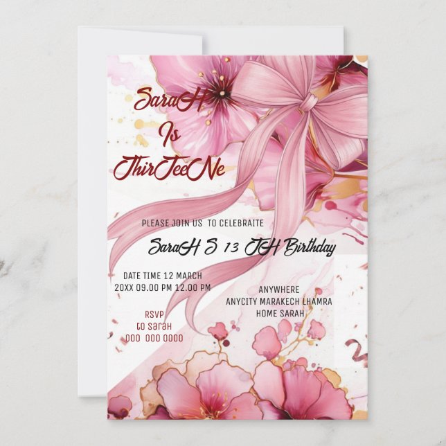 Invitation Editable Coquette Pink Bow Birthday Invitation, Pi (Devant)